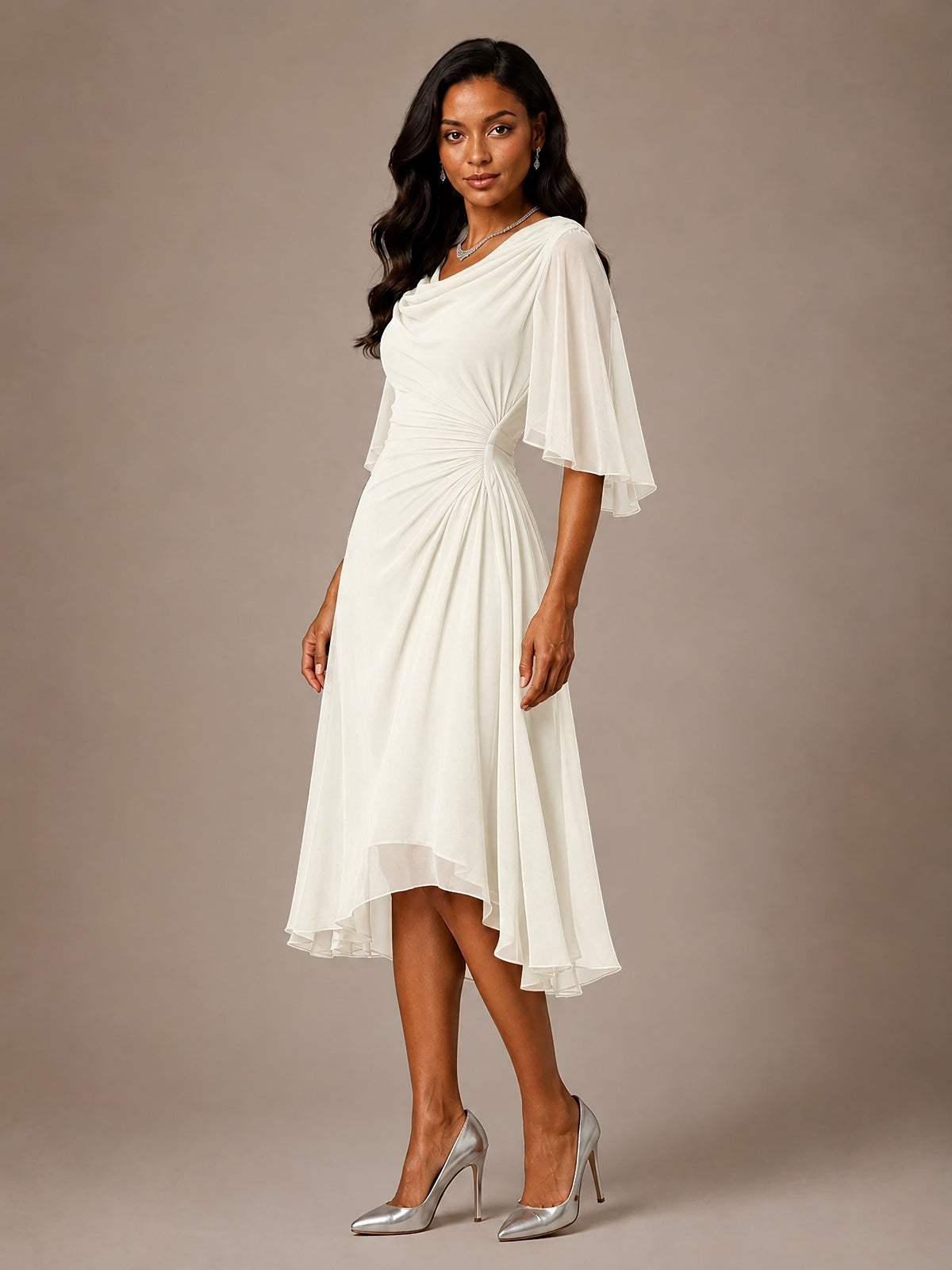 Cowl Neck Ruched Chiffon Mother of the Bride Dresses with Flutter Sleeves