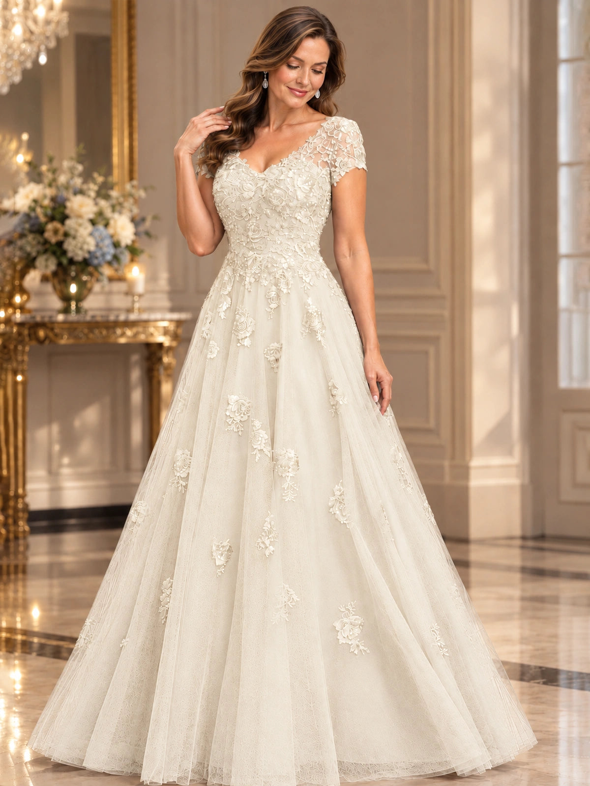 Lace Appliques A-line Mother of The Bride Dresses with Short Sleeves