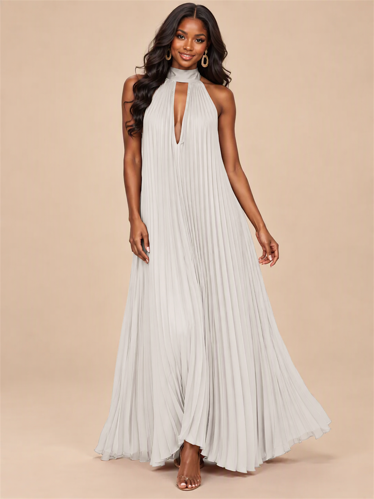 Rust Orange Pleated Halter Neck Maxi Dress