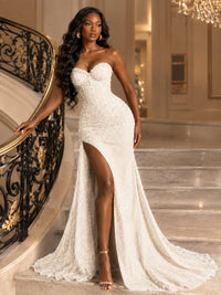 Beaded Sequin Prom Dress Strapless Formal Gowns with High Slit Train