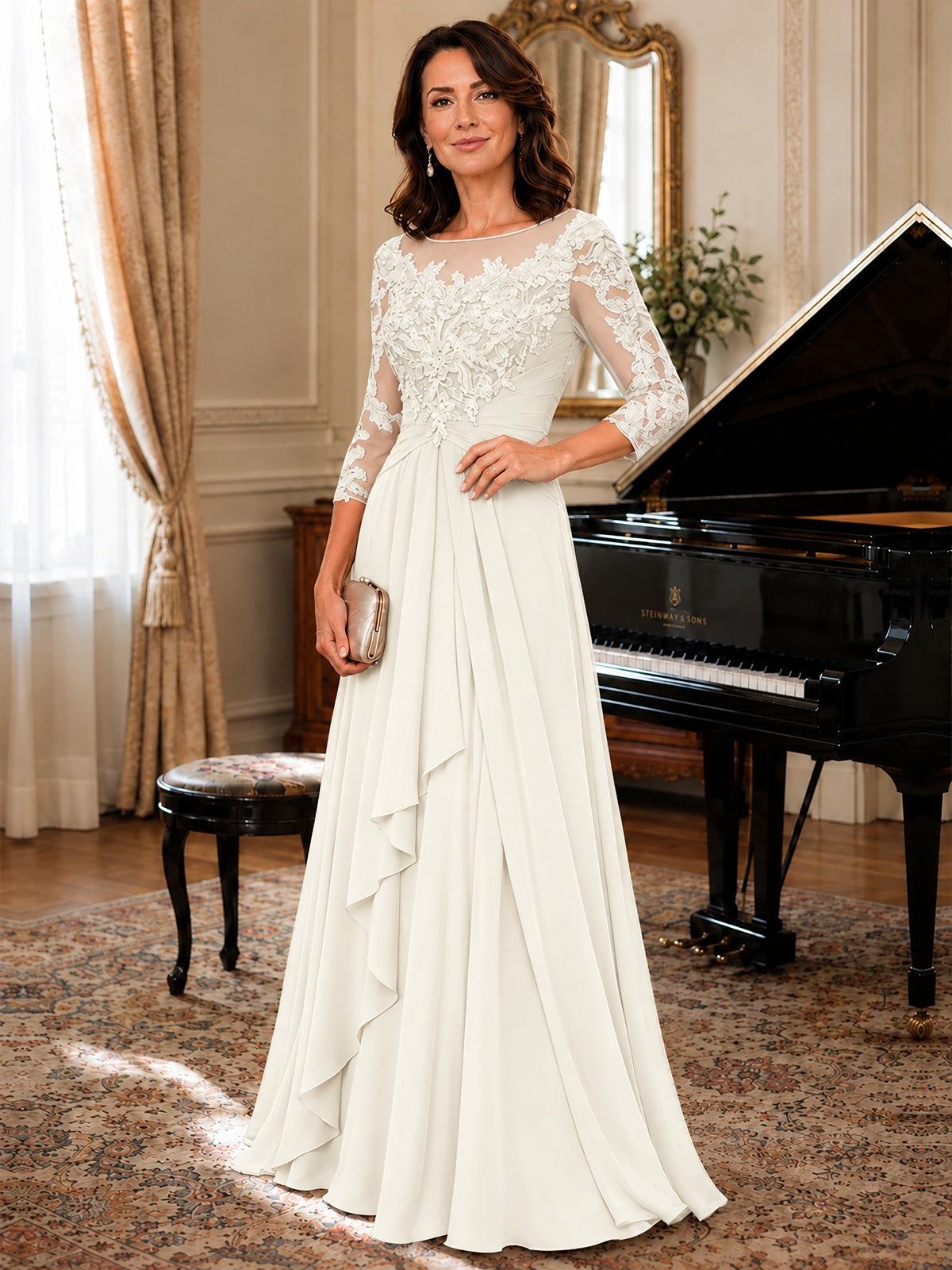 A-Line Chiffon Mother of the Bride Dress with Floral Applique 3/4 Sleeves