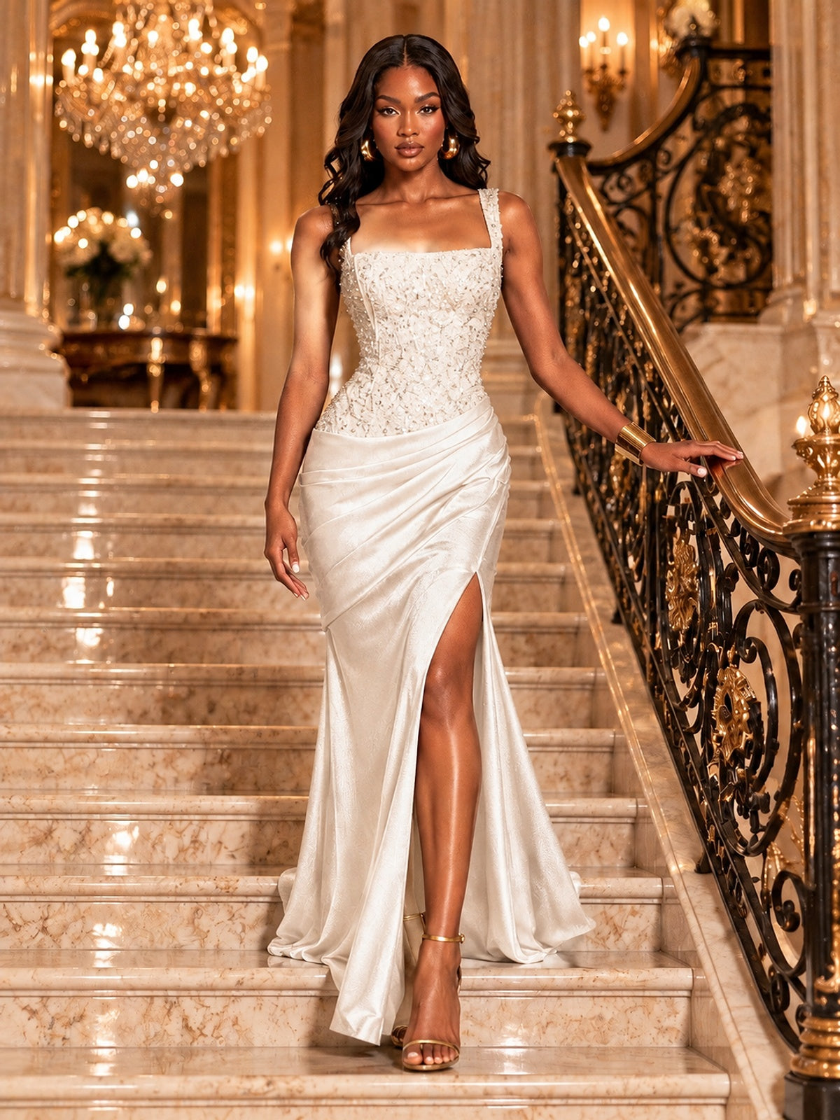 Scoop Neck Sequin Prom Dress with High Slit Satin Formal Gowns