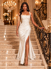 Scoop Neck Sequin Prom Dress with High Slit Satin Formal Gowns