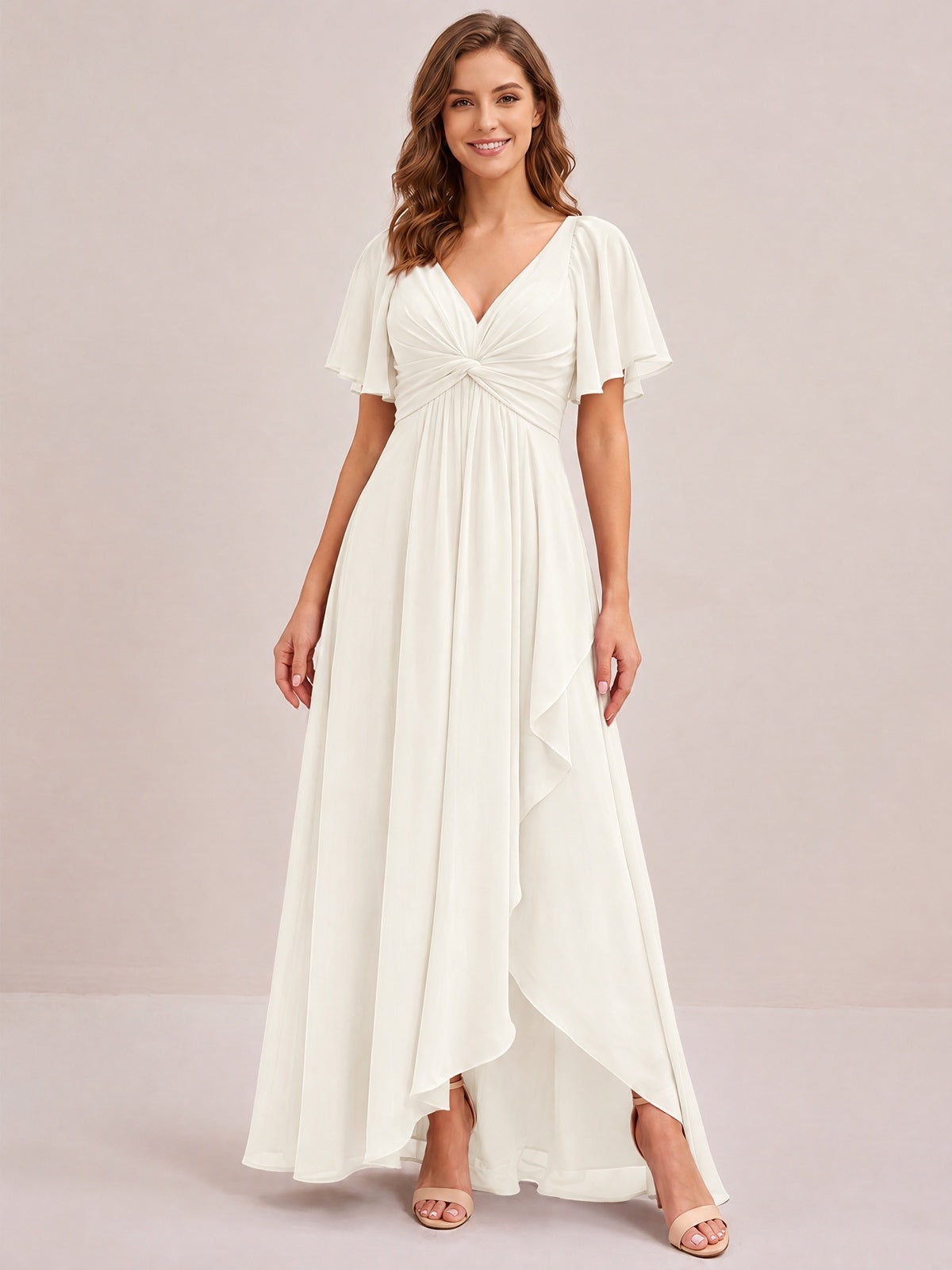 Dusty Blue Chiffon Bridesmaid Dress with Flutter Sleeves & High-Low Hem