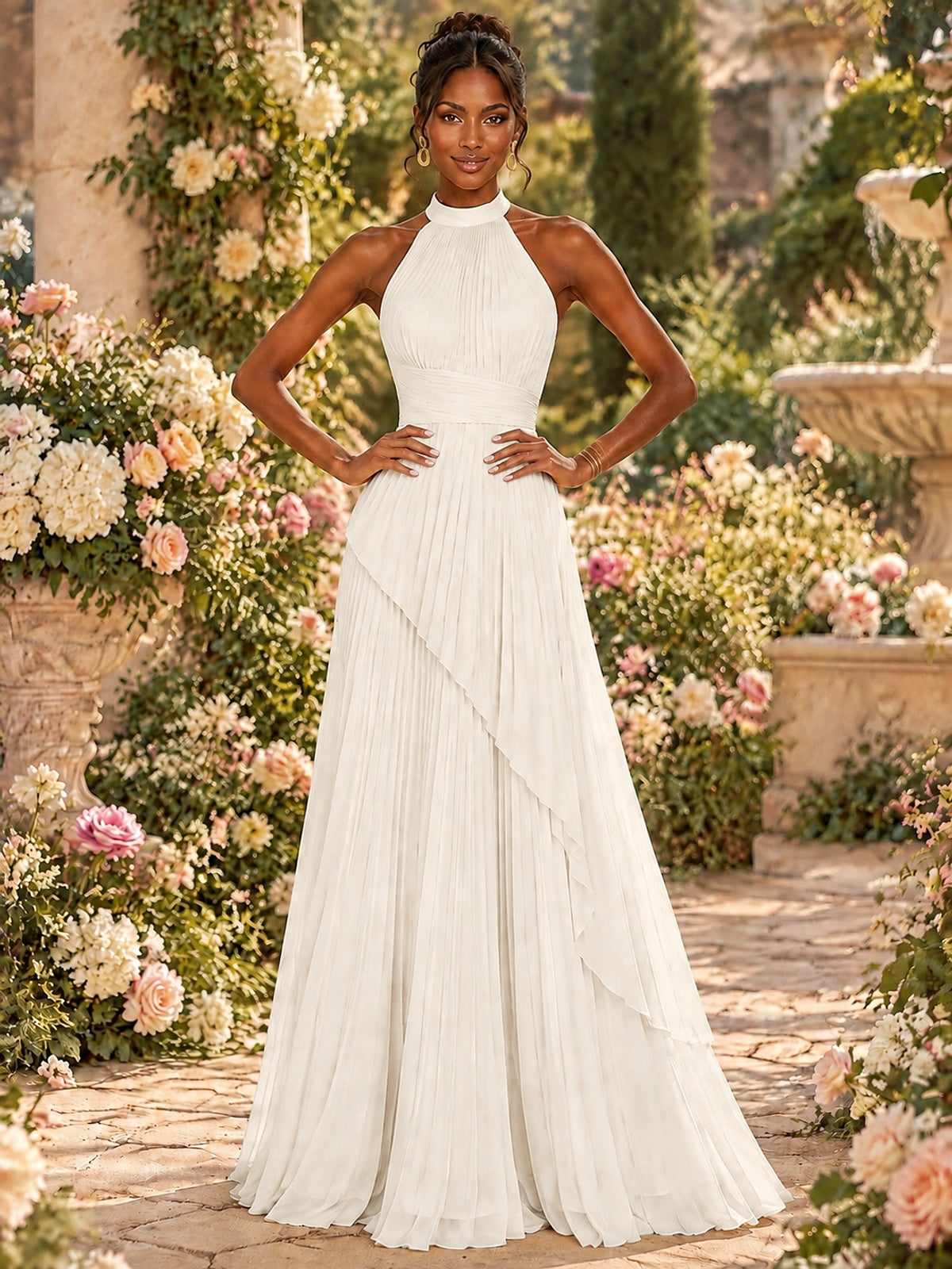 Wrap Pleated Prom Dress Halter A-line Chiffon Formal Wedding Dress