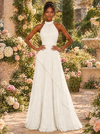 Wrap Pleated Prom Dress Halter A-line Chiffon Formal Wedding Dress