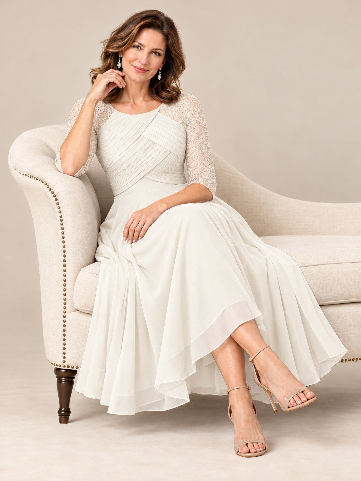 Tea-Length Mother of the Bride Dress with Lace 3/4 Sleeves