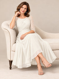 Tea-Length Mother of the Bride Dress with Lace 3/4 Sleeves