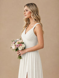 Pleated Chiffon V Neck Wedding Bridesmaid Dresses Floor Length with Slit