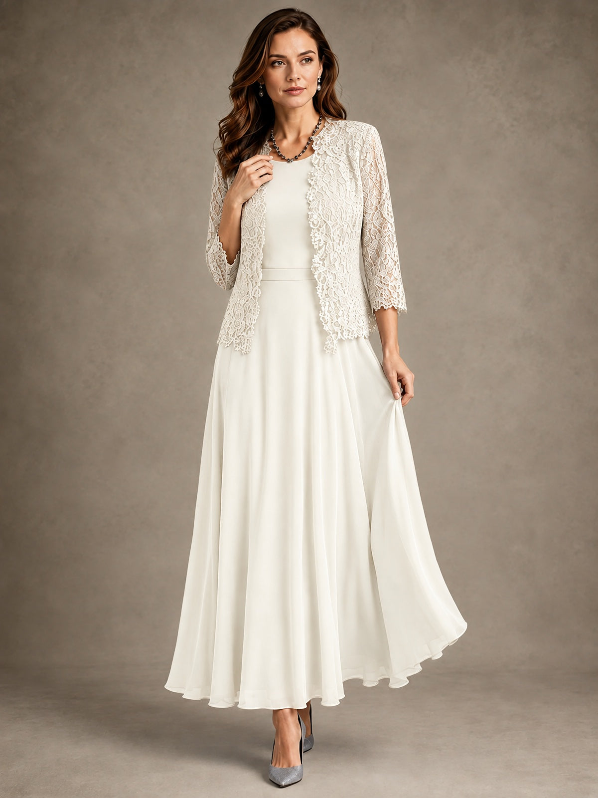 2-Piece Chiffon Mother of the Bride Dress with Lace Jacket