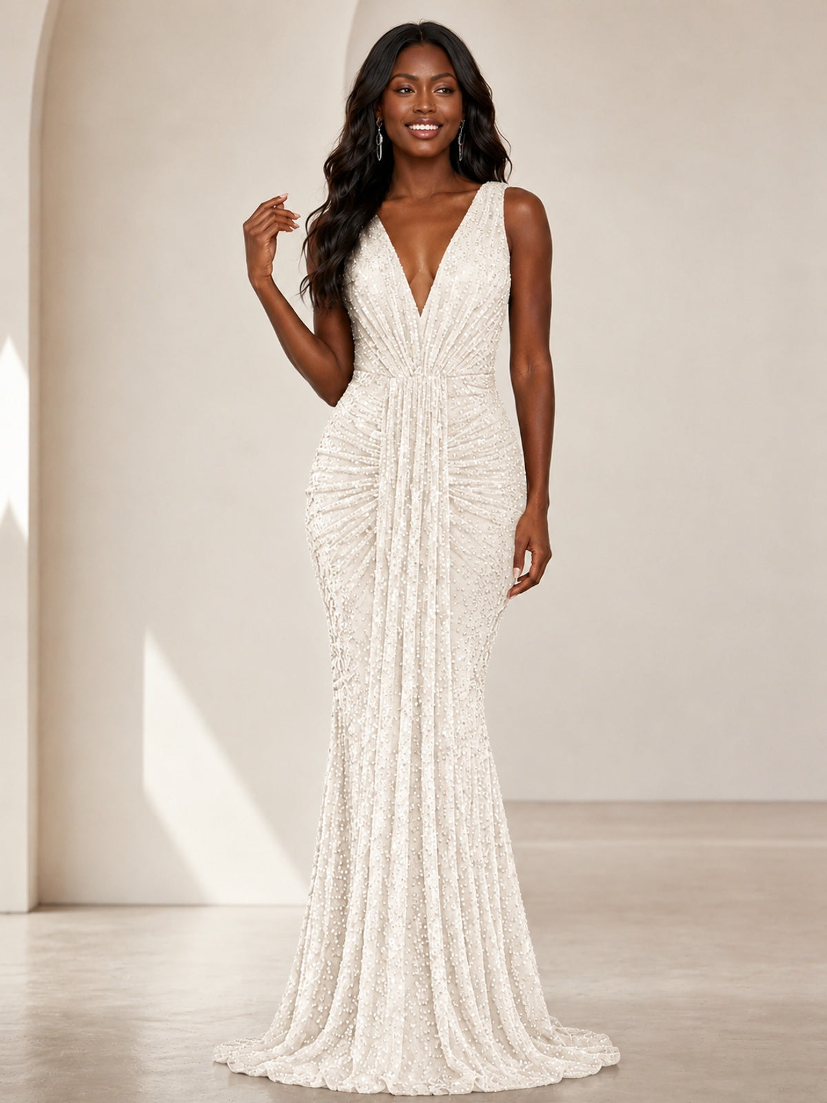 Sequin Mermaid Prom Dress with V-Neck and Ruched Waist