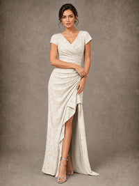 V-Neck Floral Jacquard Mother of the Bride Dress with Slit