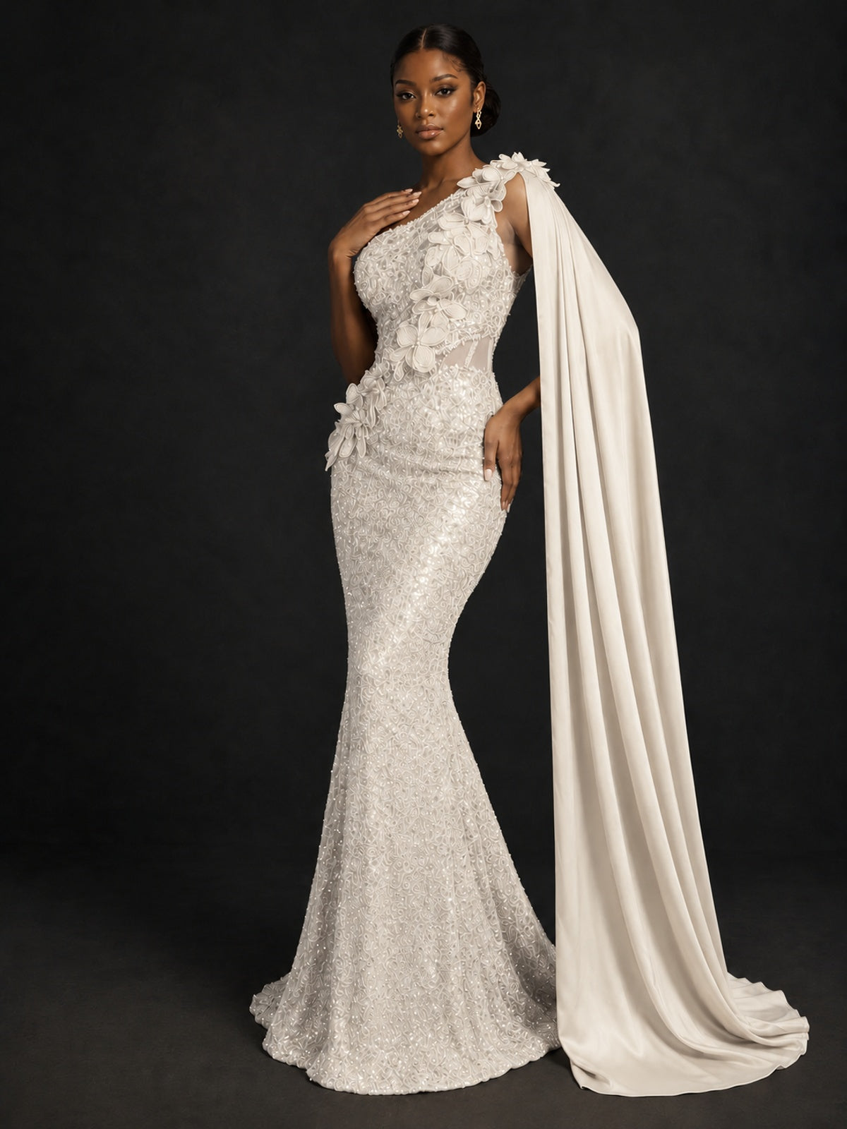 Gold Sequin One Shoulder Mermaid Prom Dress with Cape
