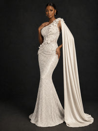 Gold Sequin One Shoulder Mermaid Prom Dress with Cape