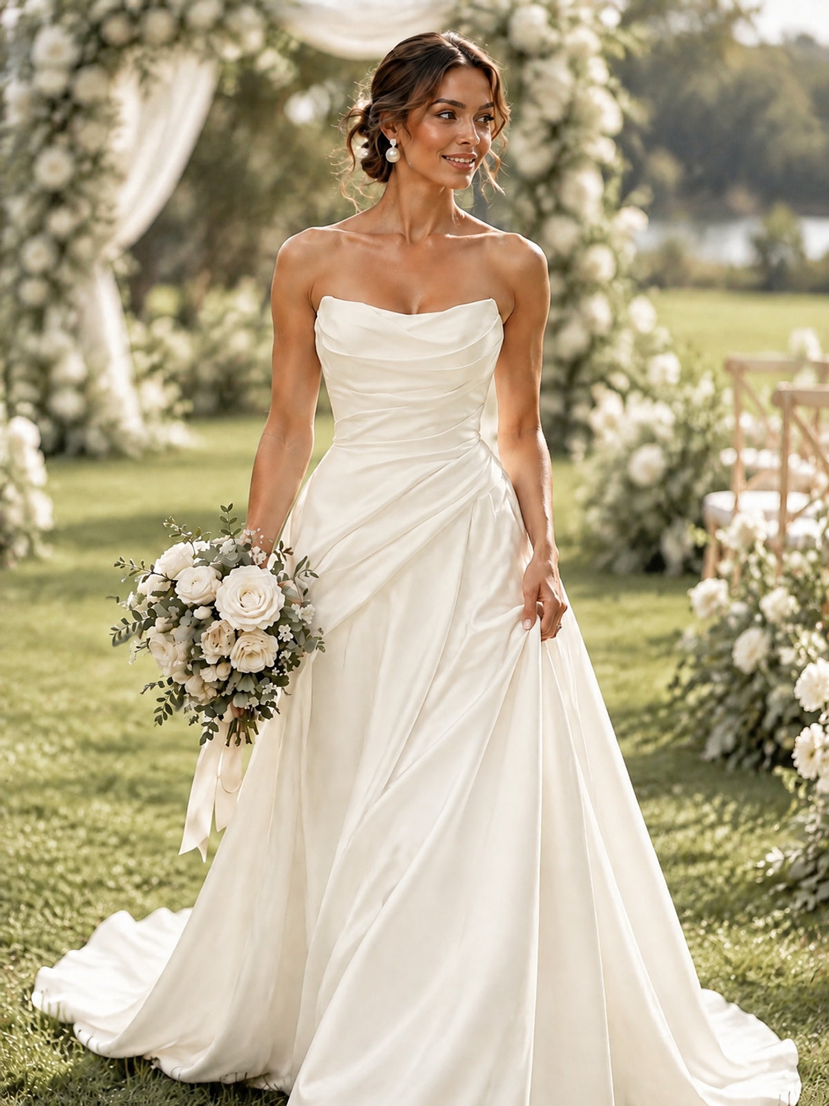 Split Pleated Satin Wedding Dress Strapless Bridal Wedding Gowns with Lace-Up Back