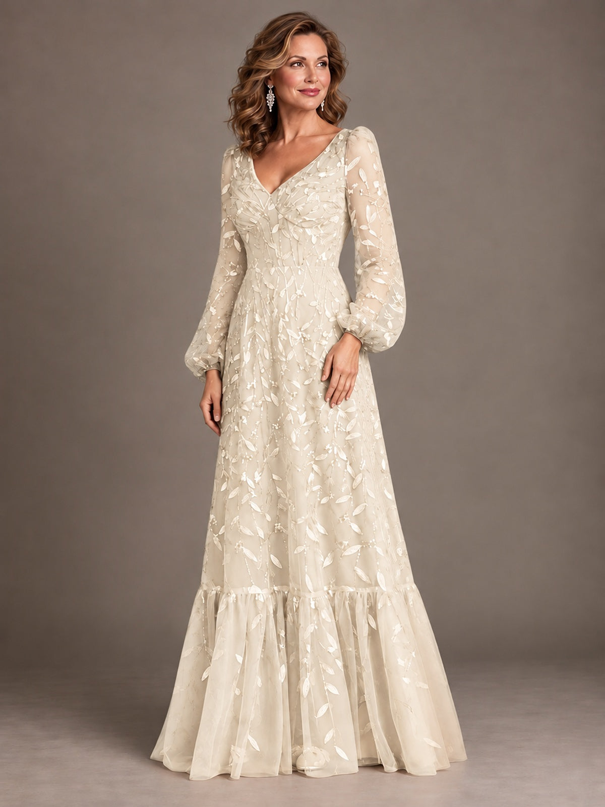Floral Sequin Embroidered A-Line Mother of the Bride Dress with Long Sleeves