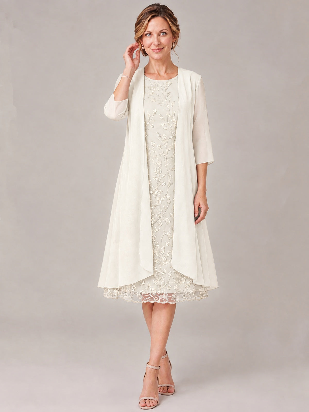 Tea Length Sequin Lace Mother of The Bride Dress with Chiffon Jacket