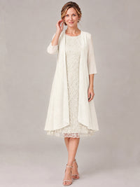 Tea Length Sequin Lace Mother of The Bride Dress with Chiffon Jacket