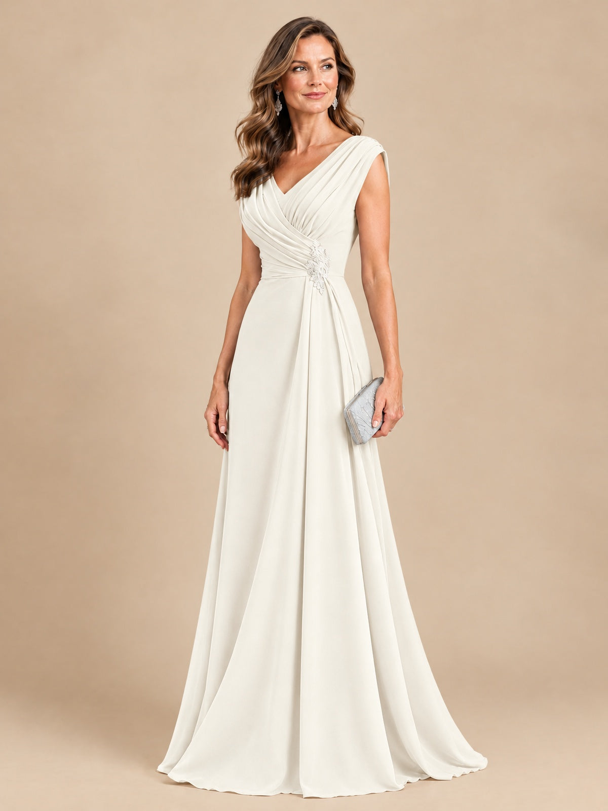 V Neck Pleated Mother of The Bride Dresses with Beading Cap Sleeves