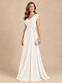 V Neck Pleated Mother of The Bride Dresses with Beading Cap Sleeves