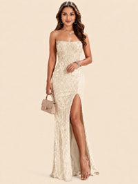 Sequin Lace Appliques Mermaid Prom Dress Spaghetti Strap Formal Gowns with Slit