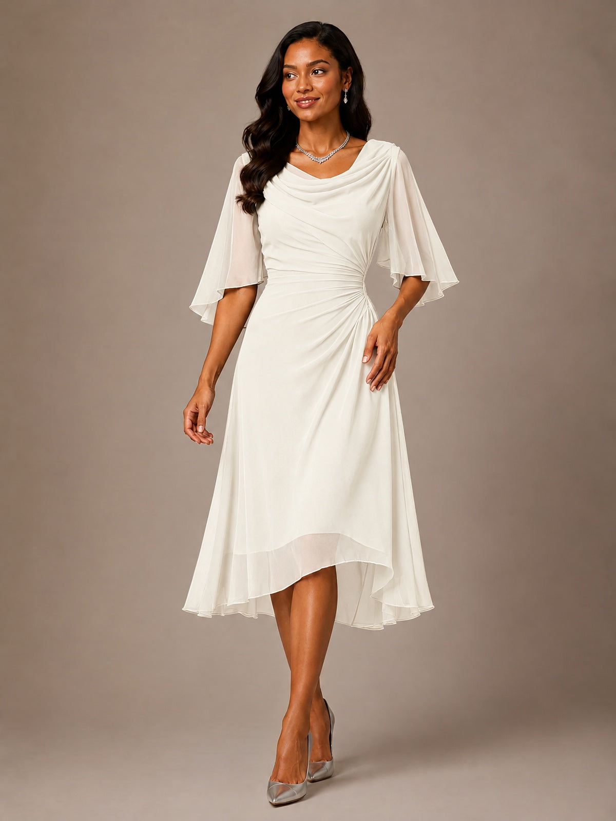 Cowl Neck Ruched Chiffon Mother of the Bride Dresses with Flutter Sleeves