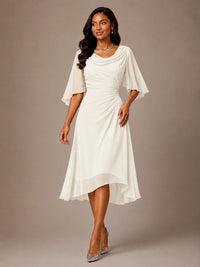 Cowl Neck Ruched Chiffon Mother of the Bride Dresses with Flutter Sleeves