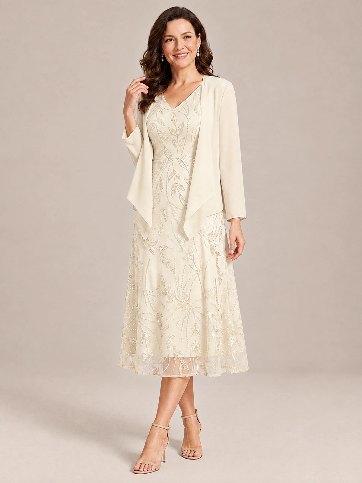 Tea Length Sequin Lace Mother of the Bride Dress with Chiffon Jacket