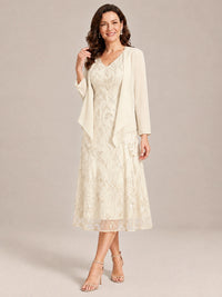 Tea Length Sequin Lace Mother of the Bride Dress with Chiffon Jacket