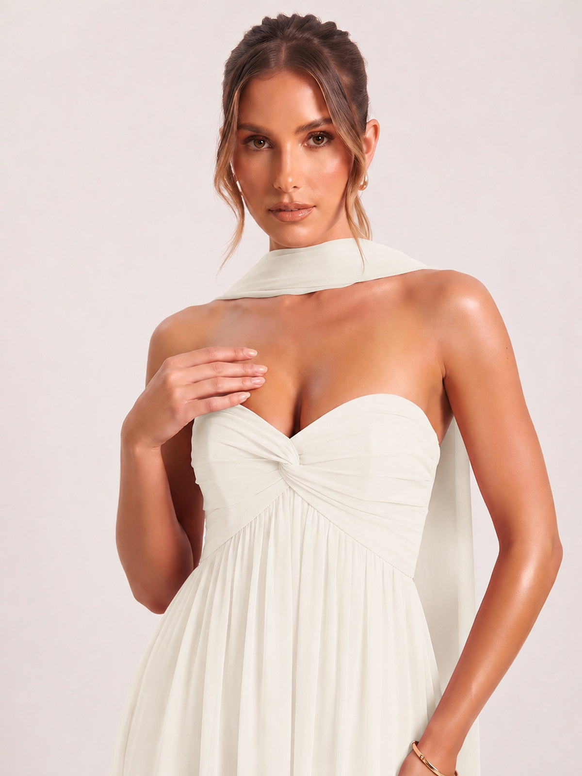 Strapless Ruched Chiffon Long Prom Dress with Scarf