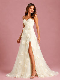 3D Floral Applique Strapless Tulle Prom Dress with High Slit
