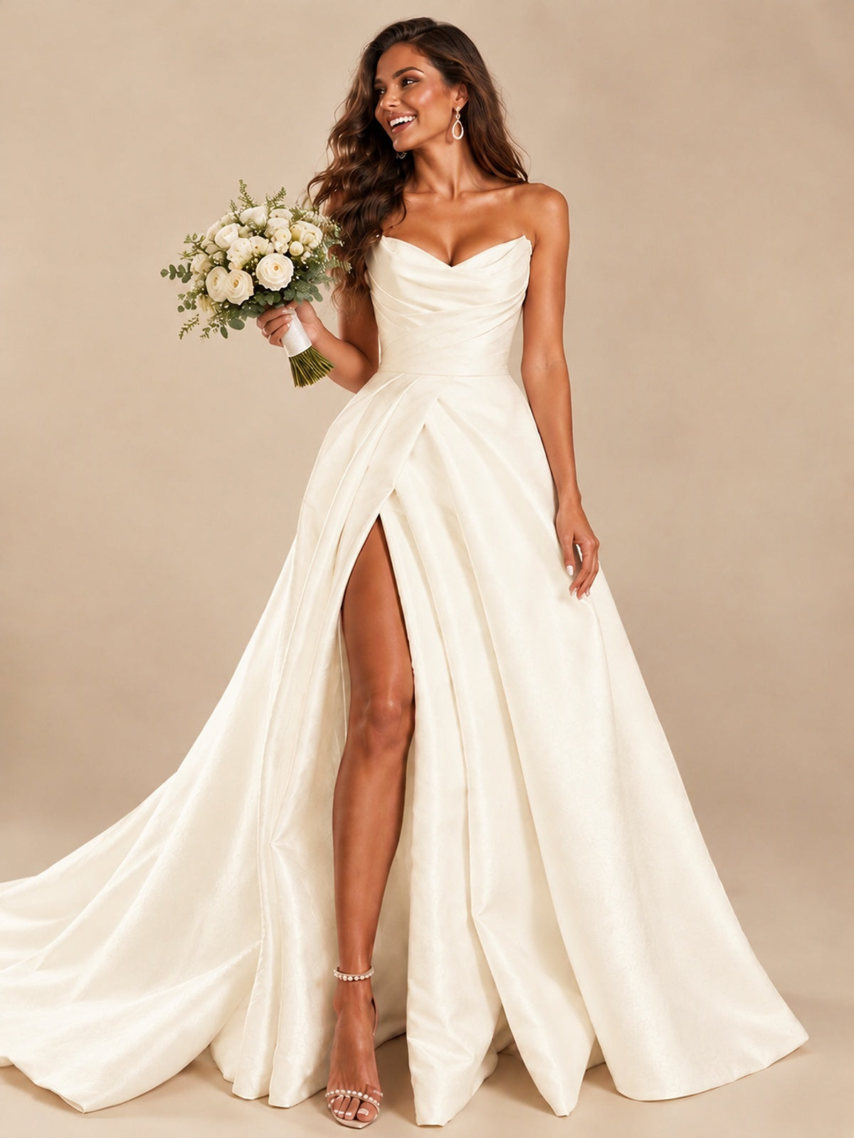 White Satin Wedding Dress with Slit Casual Bridal Formal Gowns