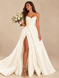 White Satin Wedding Dress with Slit Casual Bridal Formal Gowns