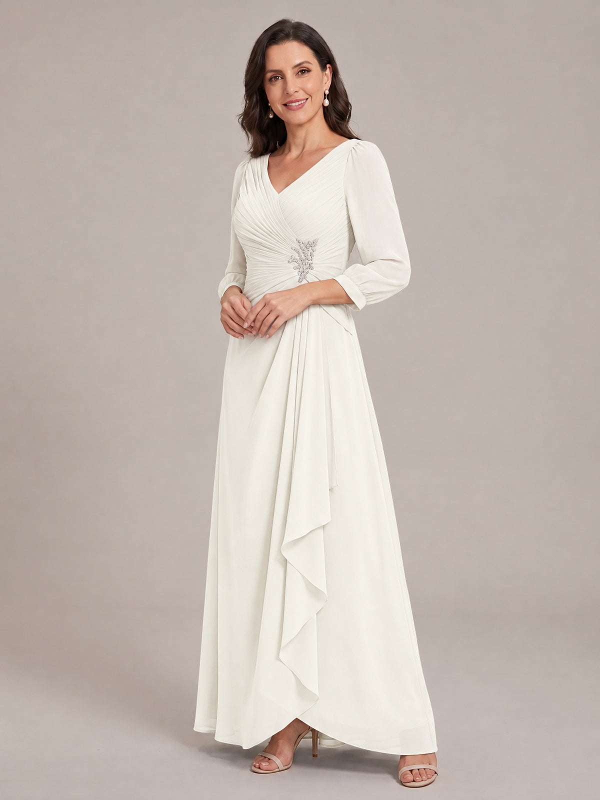 V-Neck Pleated Chiffon Mother of the Bride Dress with Flutter Sleeves