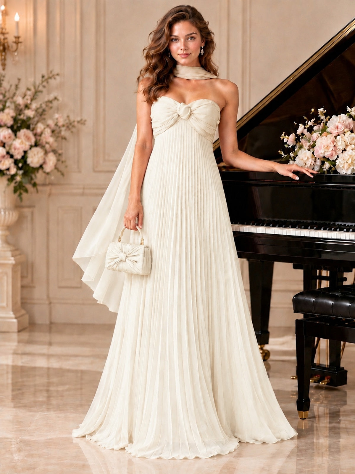 Sweetheart Neckline Pleated Prom Dress Strapless A-line Formal Dress with Flowy Scarf