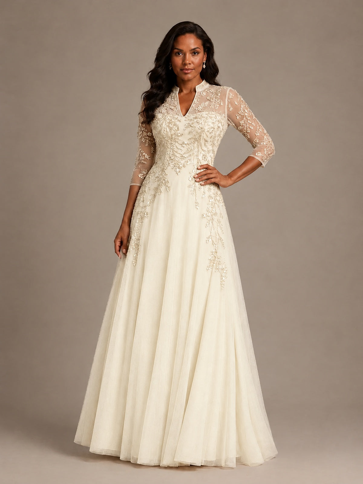 Embellished Appliques Mother of the Bride Dress with 3/4 Sleeves
