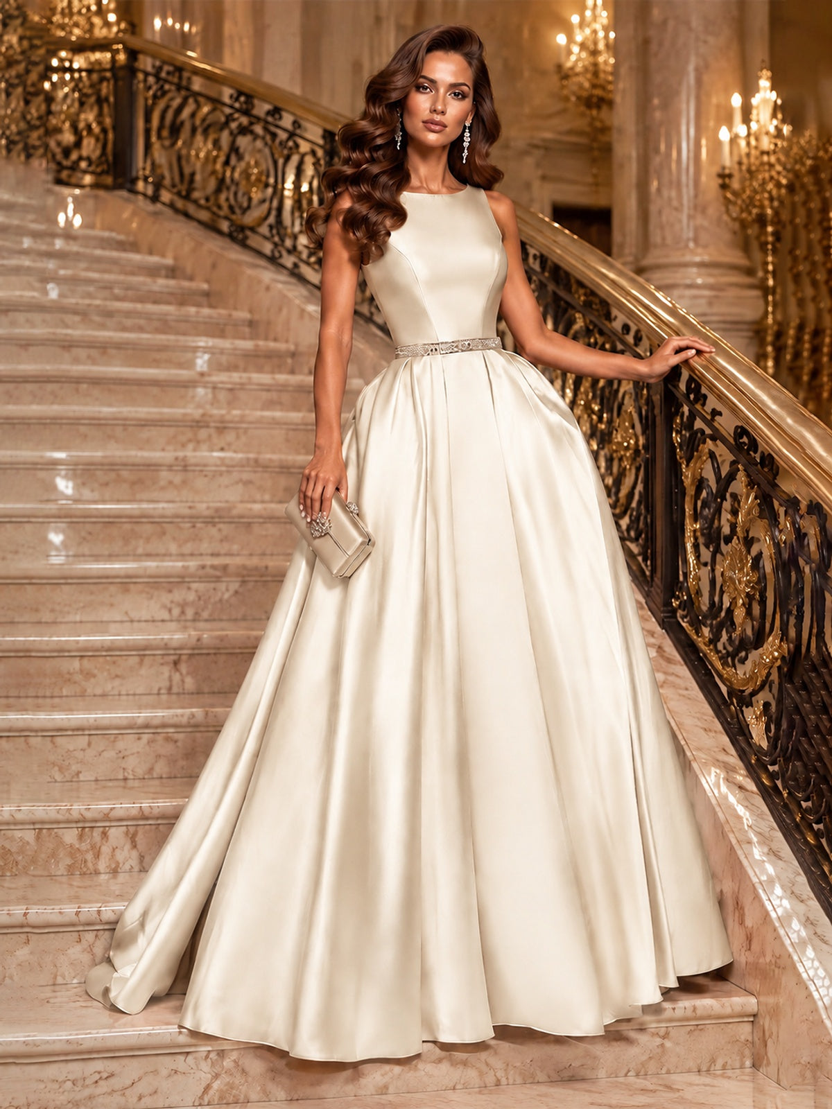 Satin A-Line Prom Dress Sleeveless Beaded Waist Formal Gown with Pockets