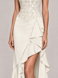 Strapless Lace Appliques Corset Satin Prom Dress Ruffle Slit Evening Gown