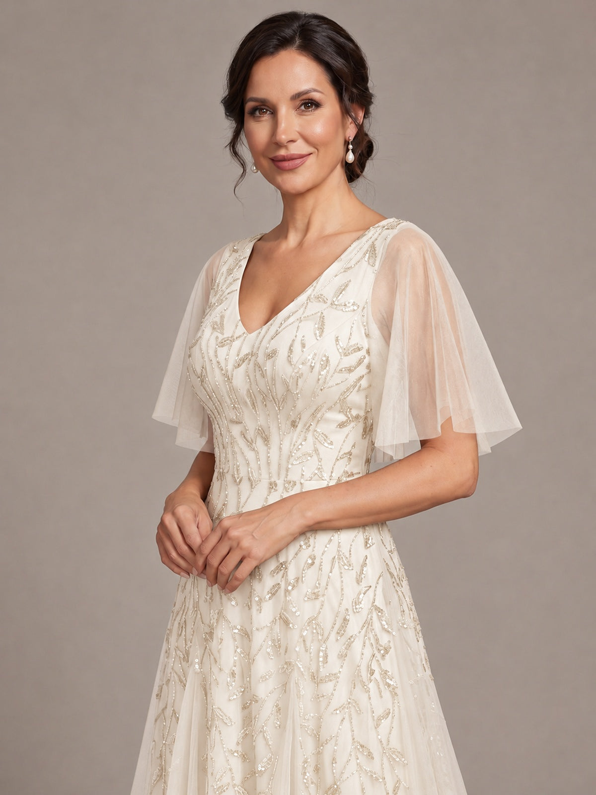 V-Neck Sequin Tulle Mother of the Bride Dress with Flutter Sleeve