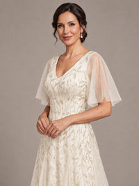 V-Neck Sequin Tulle Mother of the Bride Dress with Flutter Sleeve