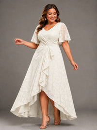 Jacquard Chiffon A-Line V-Neck High-Low Mother of the Bride Dress