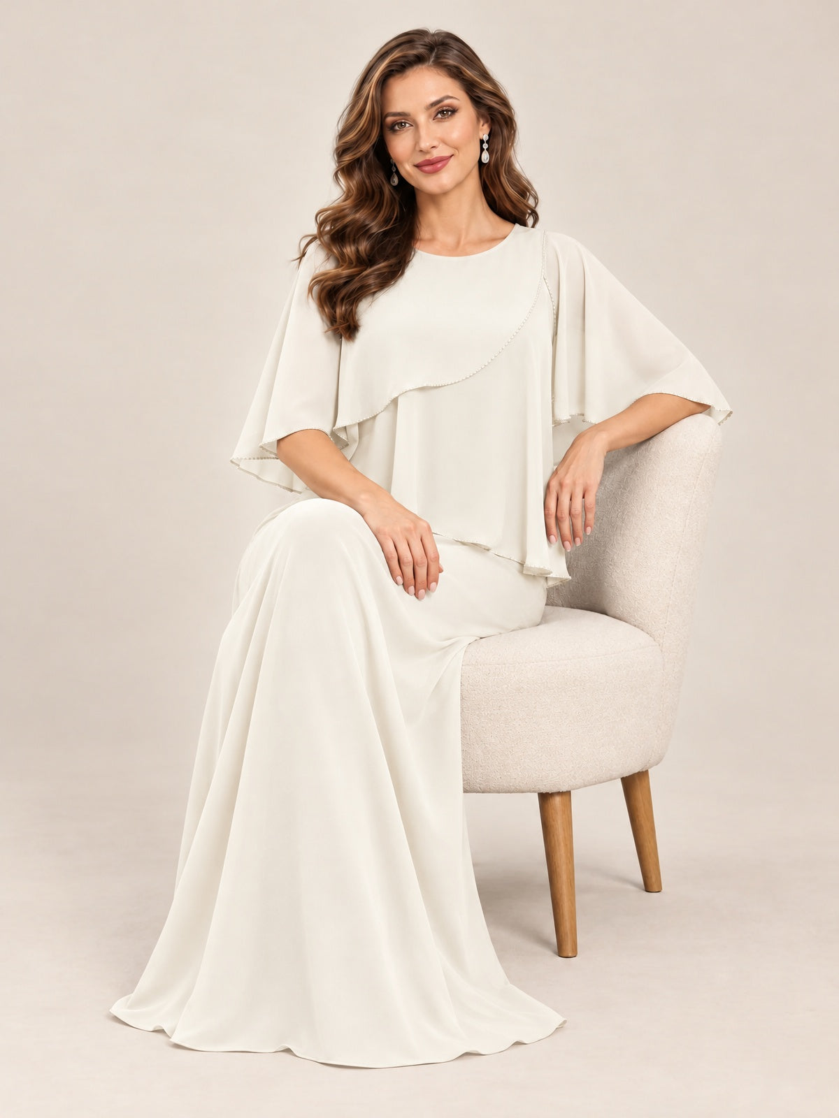Cape Sleeve Mother of the Bride Dress with Asymmetrical Overlay
