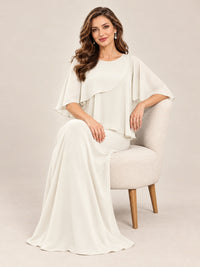 Cape Sleeve Mother of the Bride Dress with Asymmetrical Overlay