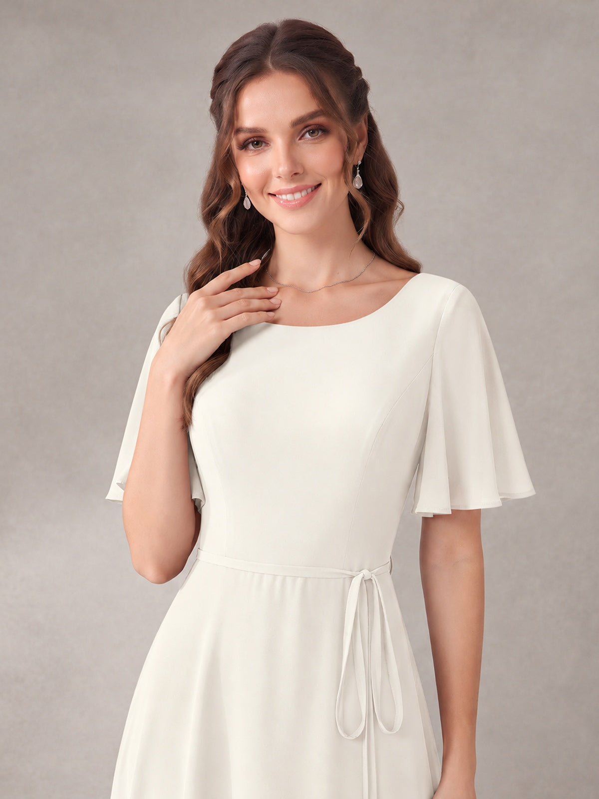 Scoop Neck A-line Chiffon Bridesmaid Dress with Flutter Sleeve & Belt