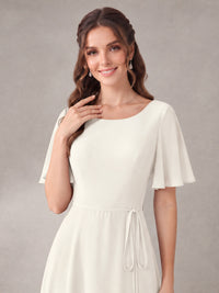 Scoop Neck A-line Chiffon Bridesmaid Dress with Flutter Sleeve & Belt