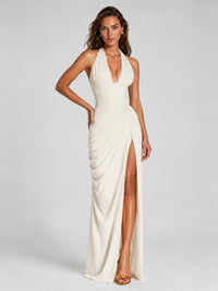 Ruched Halter Neck High-Slit Prom & Evening Dress