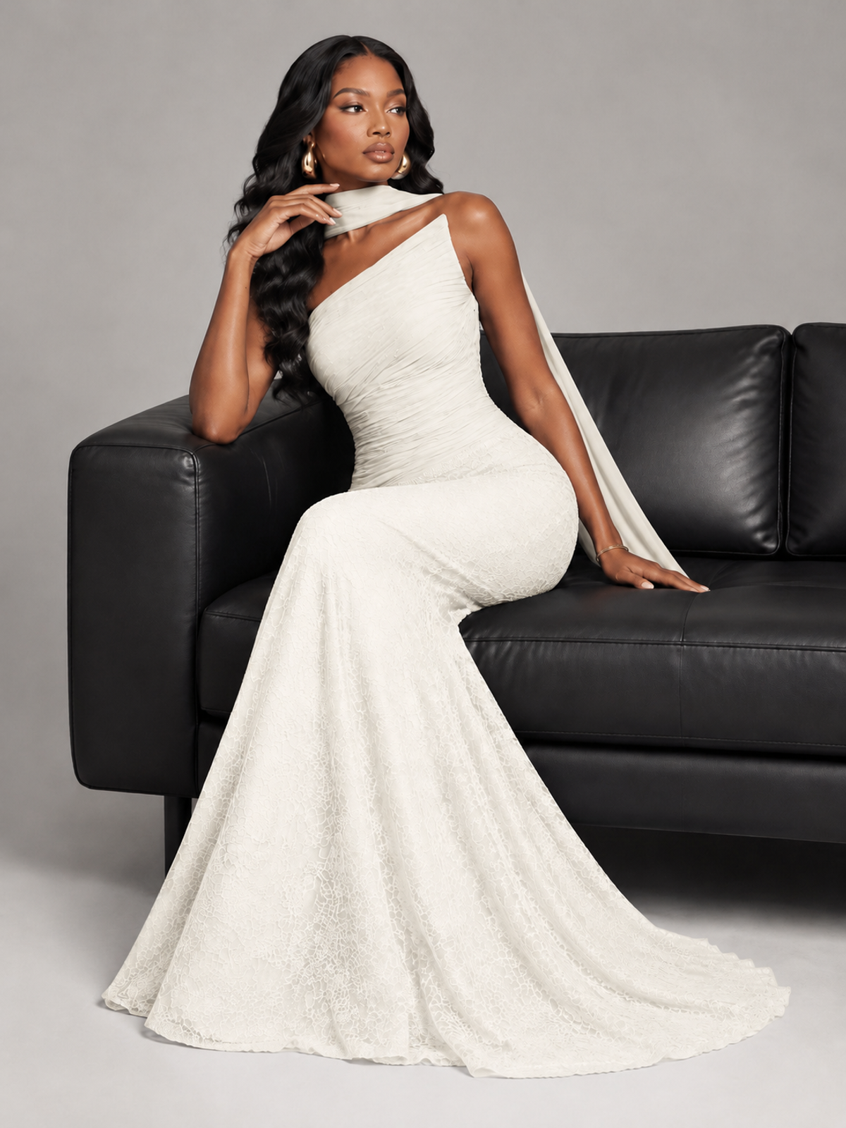 Pleated Chiffon Lace Prom Dresses Long Bodycon Mermaid with Scarf
