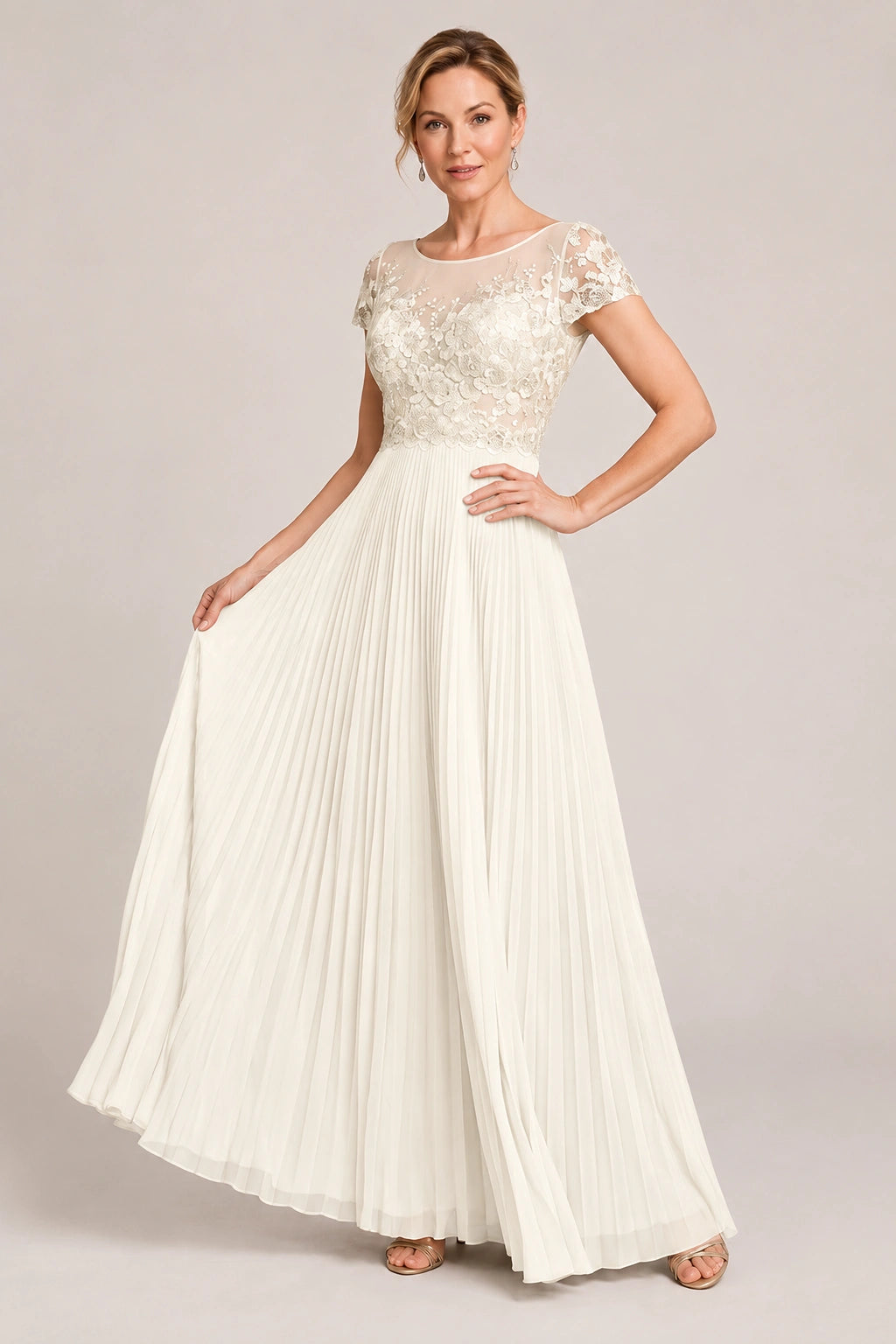 Embroidered Lace Pleated Mother of the Bride Dress