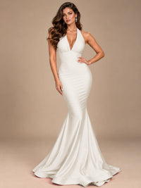 Pink Halter Deep V-Neck Ruched Mermaid Prom Dress