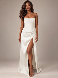 Burgundy Strapless Sparkly Corset Prom Dress with High Slit